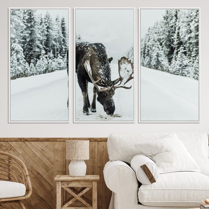 Moose in Snow Wall Art Canvas Print, Framed Winter Wildlife Art Picture Print, Snowy Forest Scene Perfect Rustic Lodge Decor Artwork
