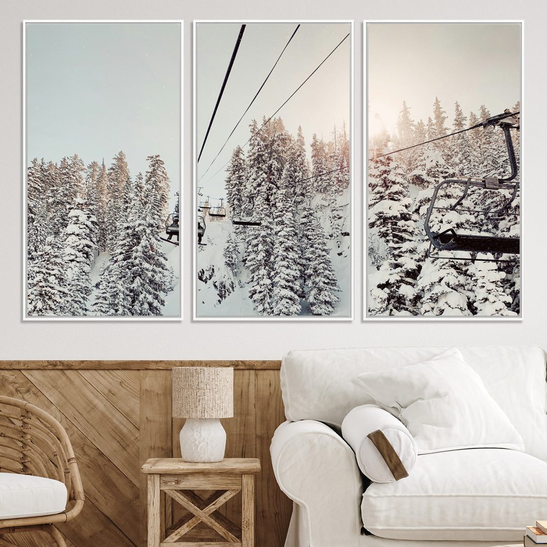 91534512-MGV-CV-36X24-Frosty Pines Wall Art Canvas Print, Framed Cozy Cabin View Art Picture Print, Ski Lift Ride Perfect Rustic Lodge Decor Artwork