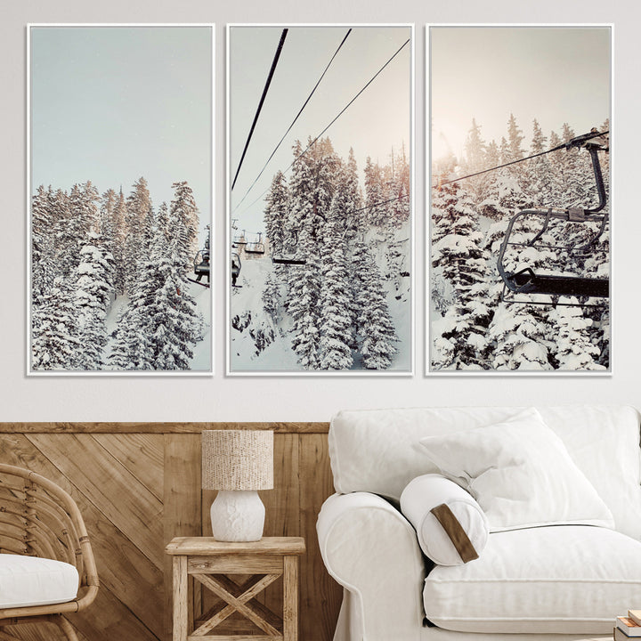 91534512-MGV-CV-36X24-Frosty Pines Wall Art Canvas Print, Framed Cozy Cabin View Art Picture Print, Ski Lift Ride Perfect Rustic Lodge Decor Artwork