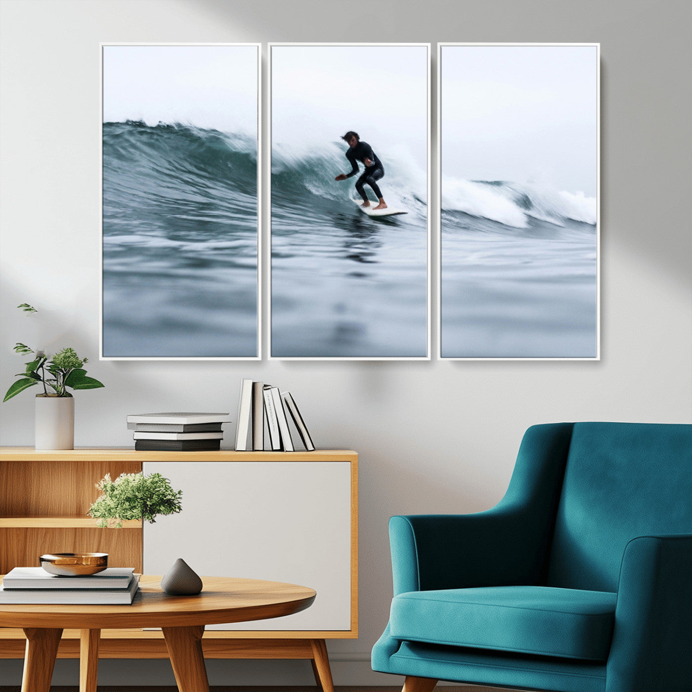 MGV-FC-48X32-3P - Surfer on Wave Wall Art Canvas Print, Framed Ocean Adventure Art Picture Print, Motion Blur Water Perfect Coastal Adventure Decor Artwork