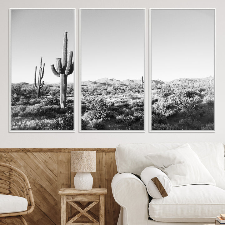 Saguaro Cactus Wall Art Canvas Print, Monochrome Landscape Print, Framed Scenic Arizona Art Print, Large Timeless Western Aesthetic Printing