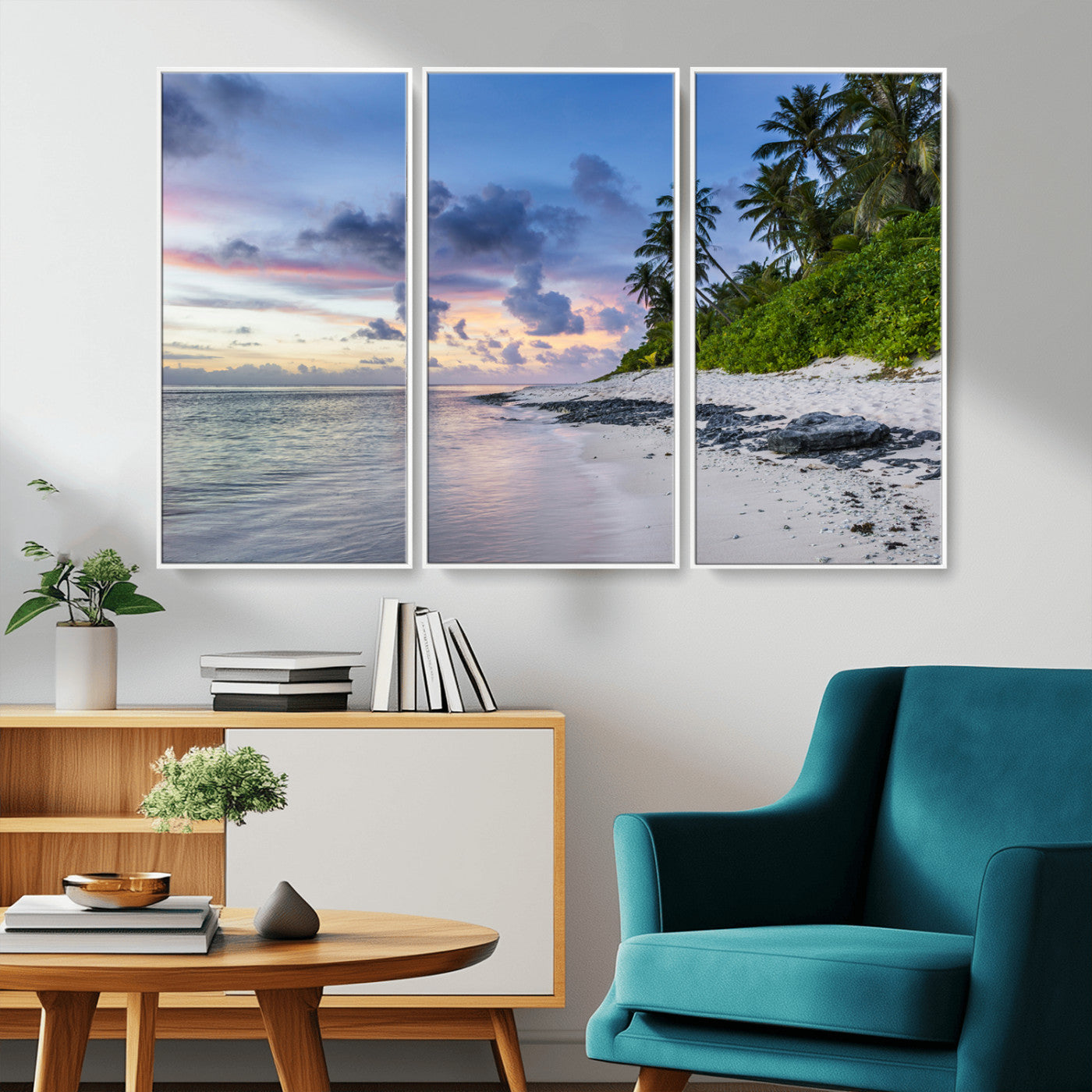 MGV-FC-48X32-3P - Tropical Beach Wall Art Canvas Print, Framed Sunset Glow Art Picture Print, Palm Tree Coast Perfect Tropical Coastal Decor Artwork