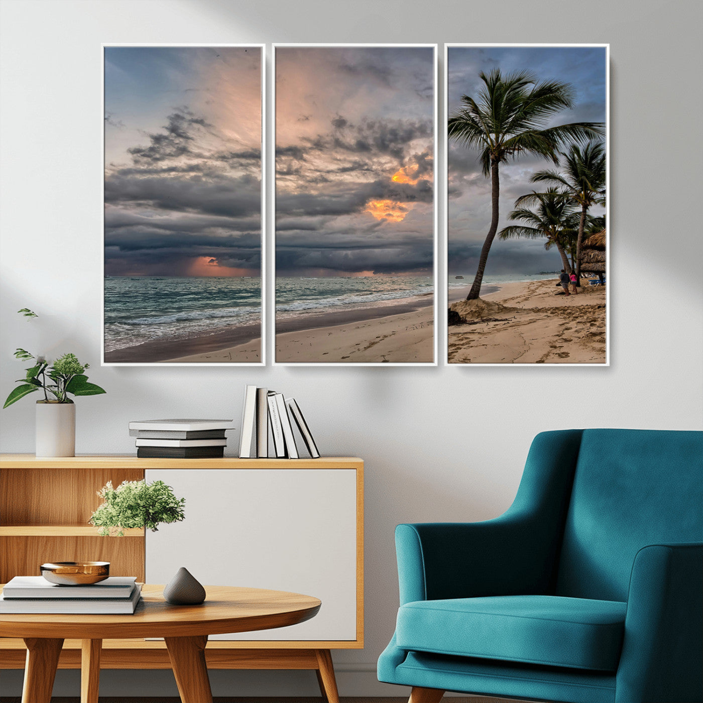 MGV-FC-48X32-3P - Tropical Storm Wall Art Canvas Print, Framed Moody Beach Art Picture Print, Dramatic Sky Perfect Tropical Coastal Decor Artwork