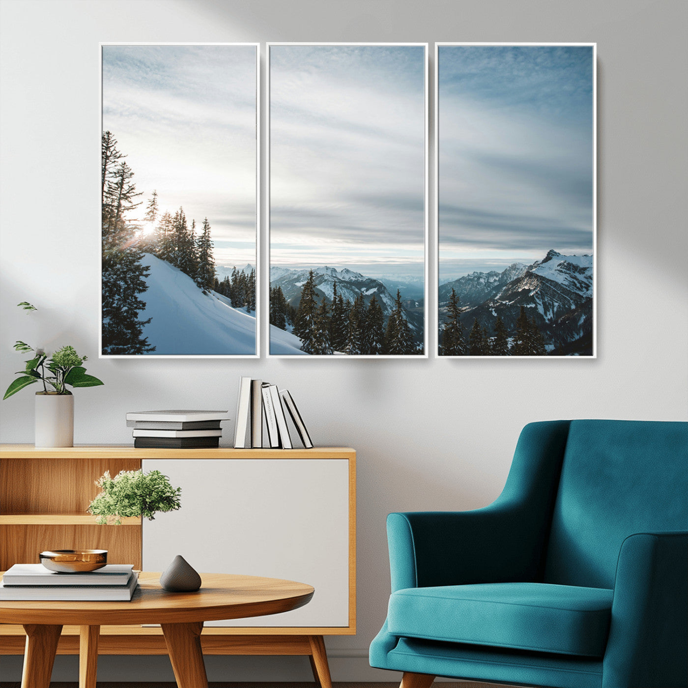 MGV-FC-48X32-3P - Snowy Mountains Wall Art Canvas Print, Framed Alpine Landscape Art Picture Print, Frosty Peaks Perfect Nordic Minimalist Decor Artwork