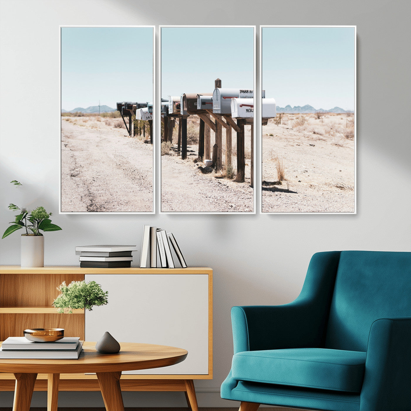 MGV-FC-48X32-3P - Desert Mailboxes Canvas Print – Minimal Western Landscape Photography, Rustic Americana Wall Art for