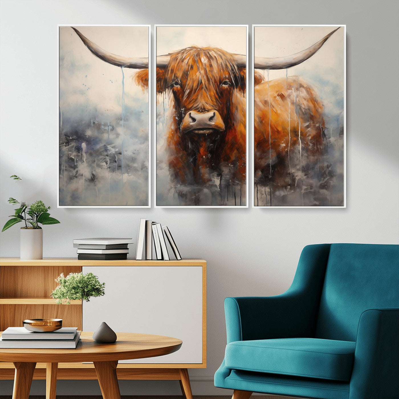MGV-FC-48X32-3P - Scottish Highland Wall Art Canvas Print, Framed Longhorn Art Picture Print, Western Cow Perfect Farmhouse Decor Artwork