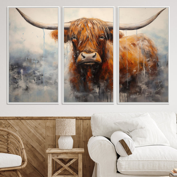 Scottish Highland Wall Art Canvas Print, Framed Longhorn Art Picture Print, Western Cow Perfect Farmhouse Decor Artwork