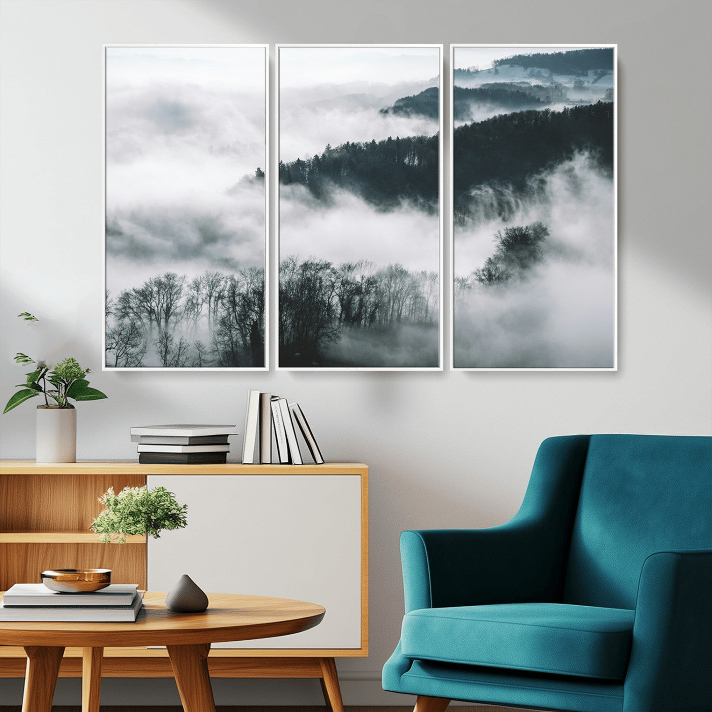 67569654-MGV-CV-36X24-Foggy Forest Landscape Wall Art Canvas Print – Misty Mountain Valley Scene in Monochrome Tones, Perfect for Minimalist or Nordic Home Decor