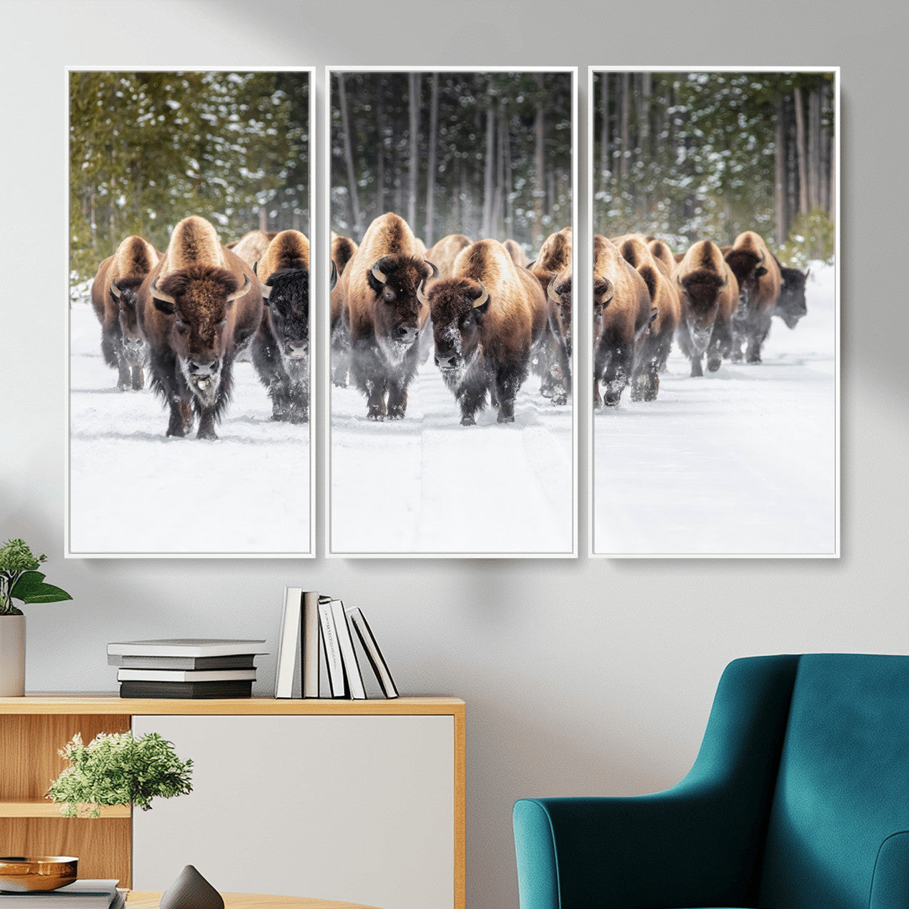 96906195-MGV-FC-48X32-3P - American Bison Herd Snow Canvas Wall Art – Powerful Winter Wildlife Print of Buffalo Motion, Rustic Lodge or Western Cabin Decor for Living Room, Office