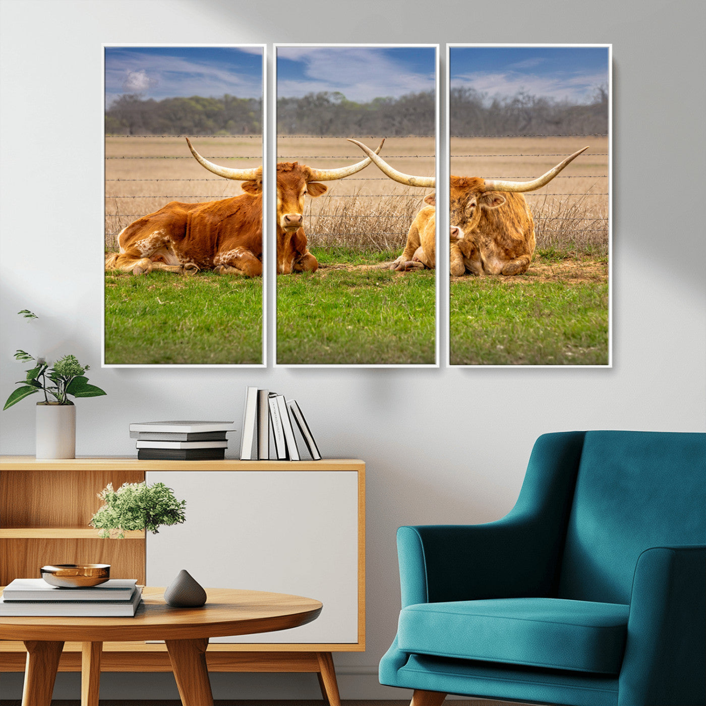 54598515-MGV-CV-36X24-Texas Longhorn Pair Wall Art Canvas Print – Peaceful Rustic Ranch Scene with Two Cattle in Field, Perfect for Western Farmhouse Home Decor