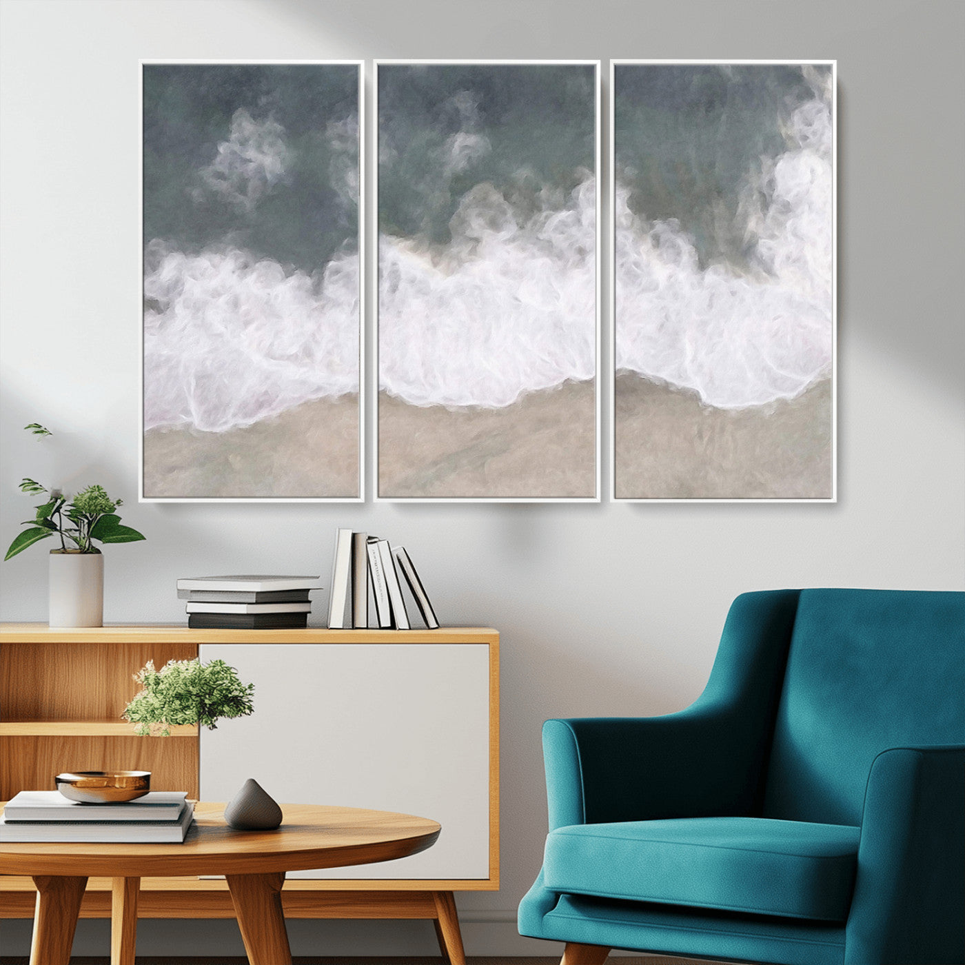 Wall art canvas print featuring foamy ocean waves softly rolling onto a sandy shore with a dreamy, painterly texture.