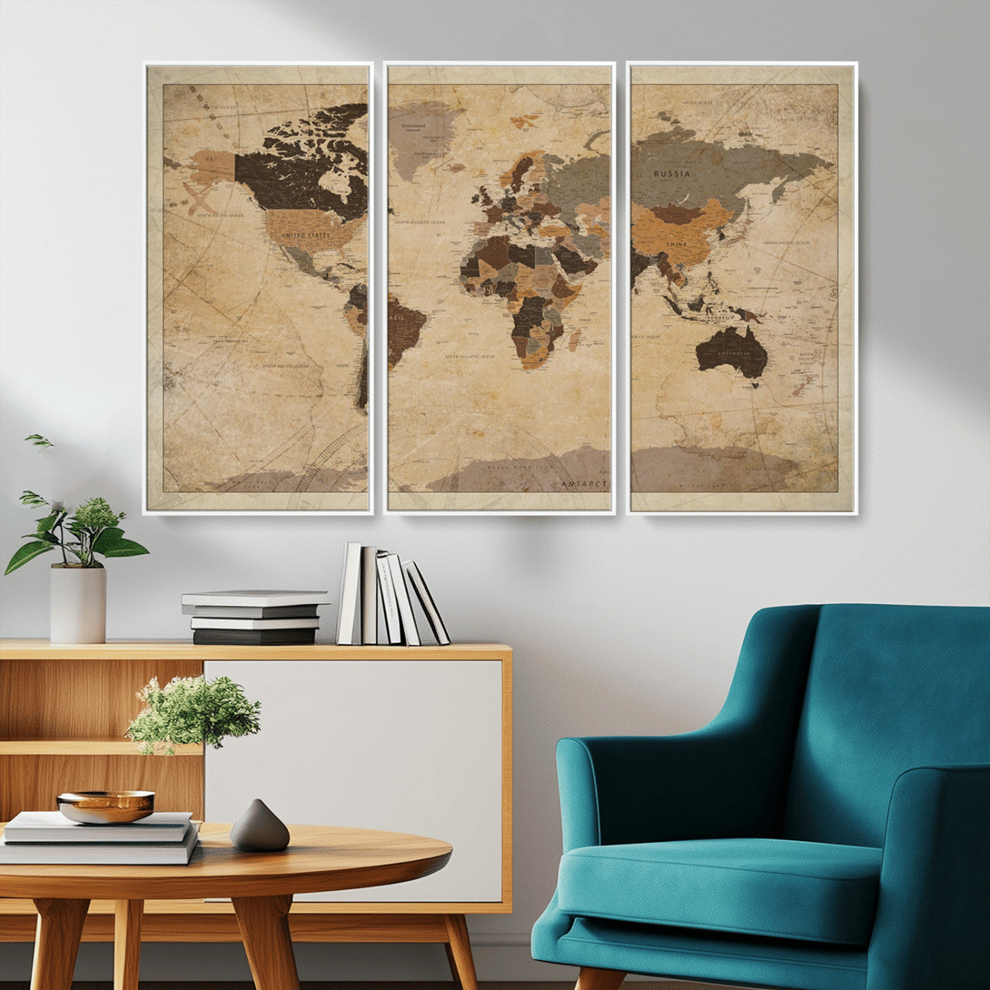 Vintage-style world map with muted brown, beige, and sepia tones, showing countries and continents with a weathered paper texture background.