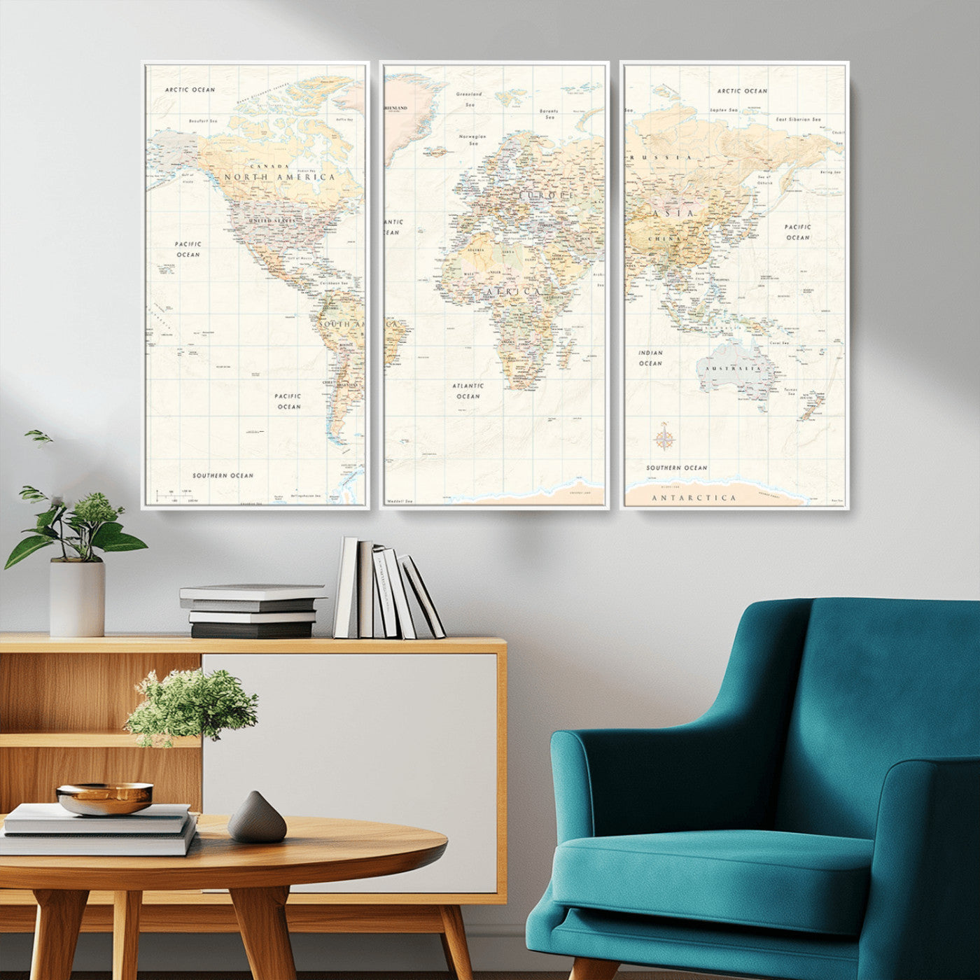 An antique-style world map showing continents, countries, and oceans with soft beige tones, detailed borders, and classic typography, enhanced by a subtle grid overlay and a vintage compass rose.