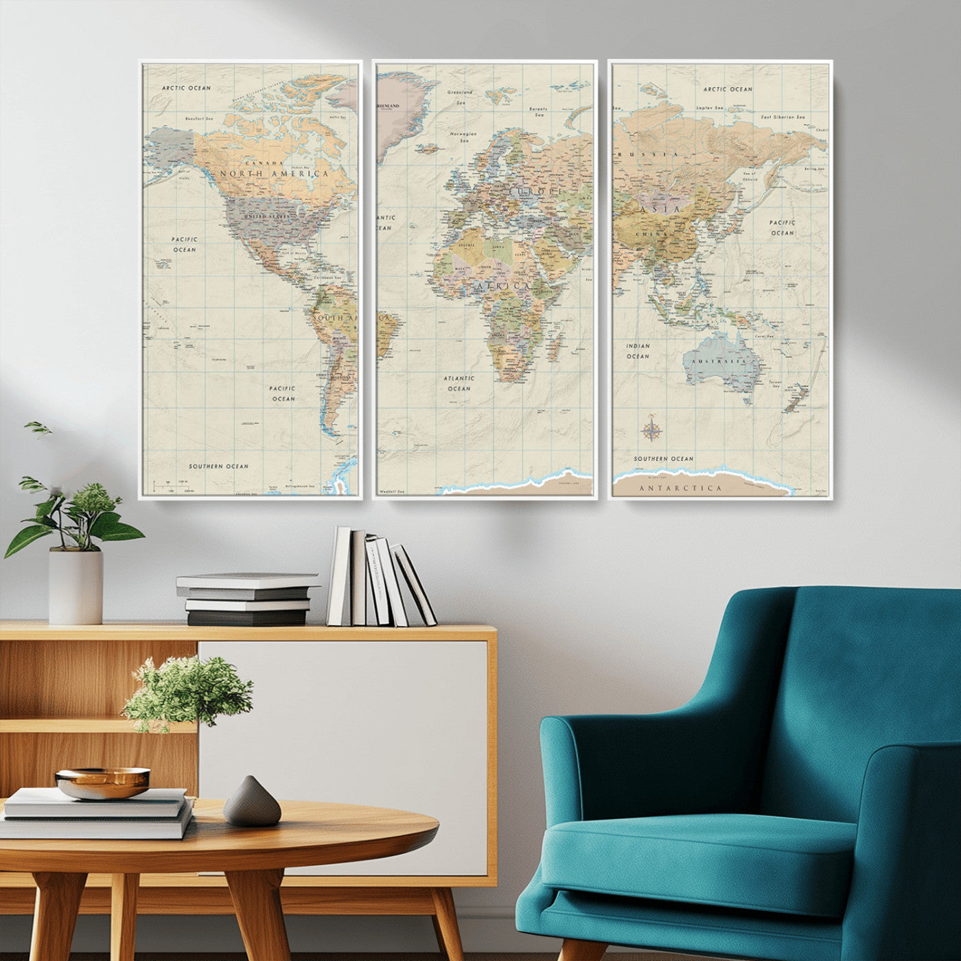 A detailed vintage-style political world map displaying continents, countries, and oceans with clear borders and labels, set on a beige textured background with grid lines.