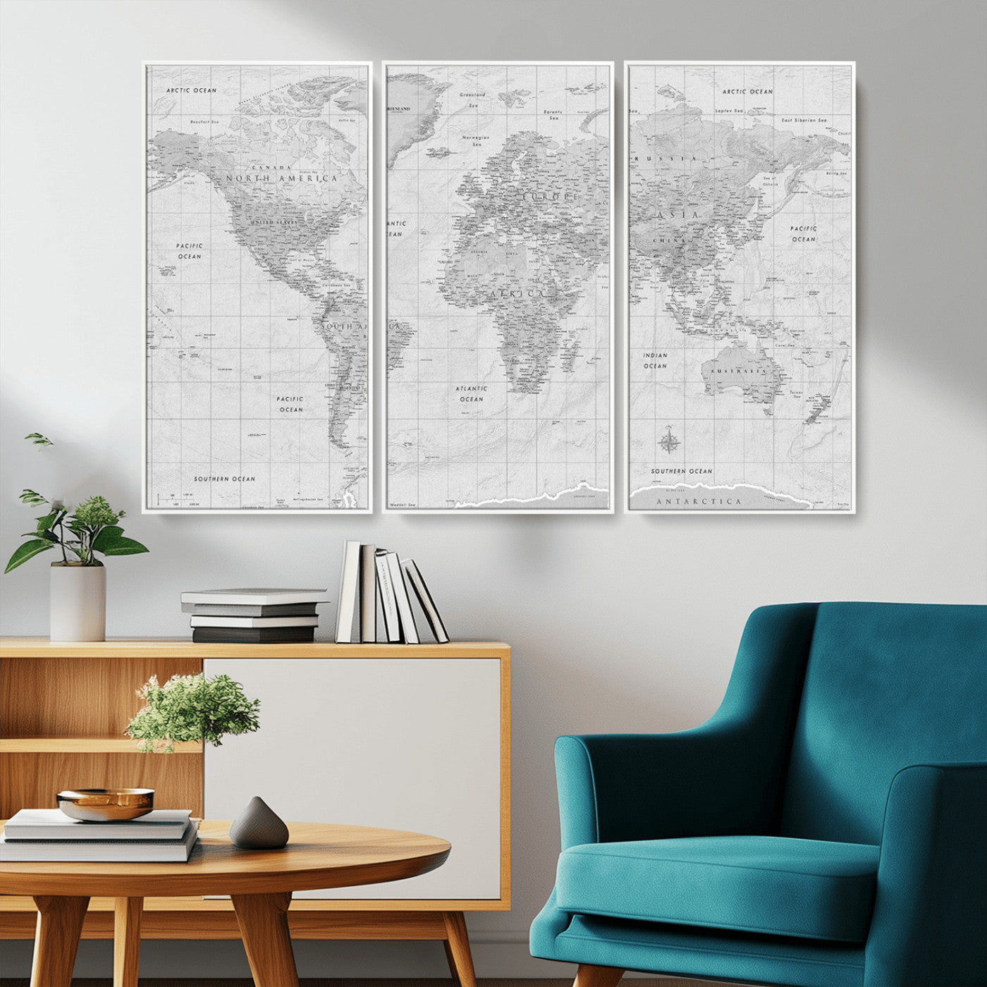 Grayscale vintage world map with detailed country borders, oceans, continents, and major cities on a textured parchment background.