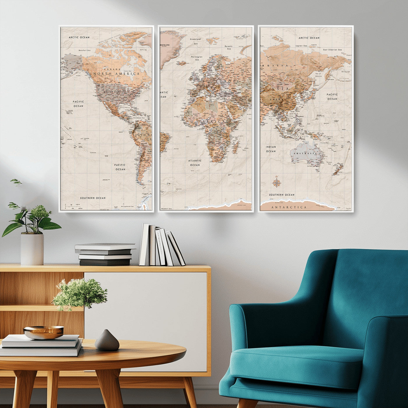 Detailed vintage world map with warm earth tones showing country borders, oceans, continents, and major cities, styled with a textured parchment background.