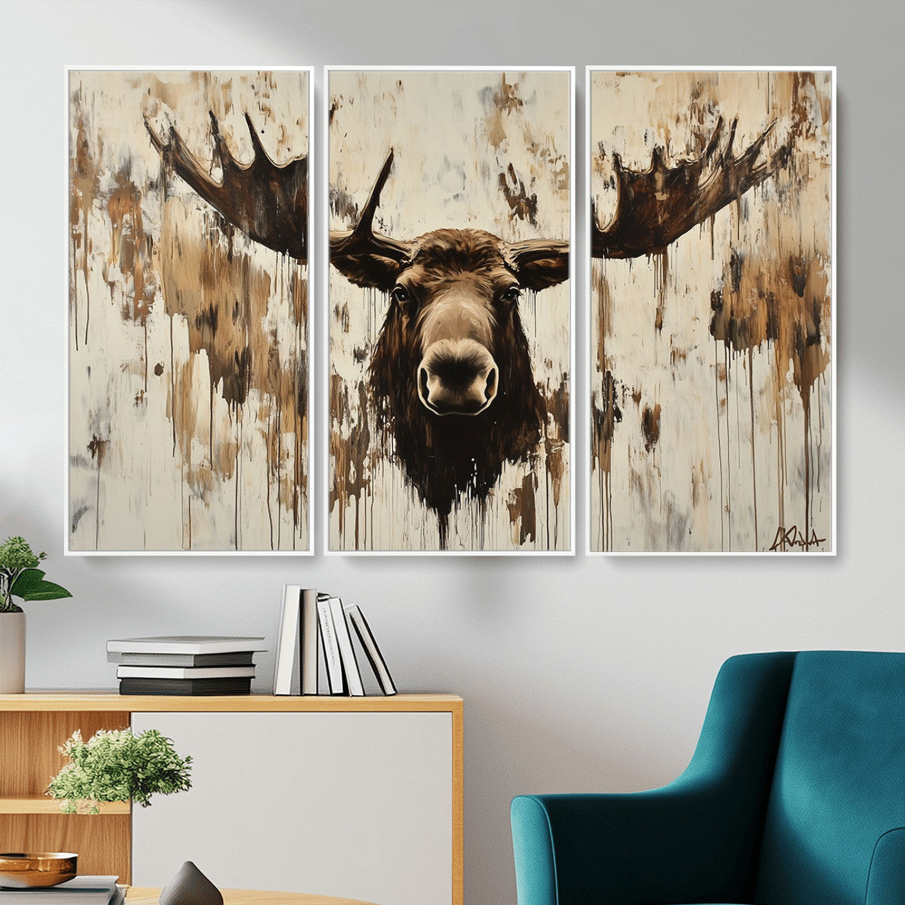 34496536-MGV-CV-36X24 - Powerful Moose Portrait Wall Art – Rich Earthy Tones, Expressive Brushstrokes, Striking Gaze, Raw Nature Vibes Decor for Home or Office