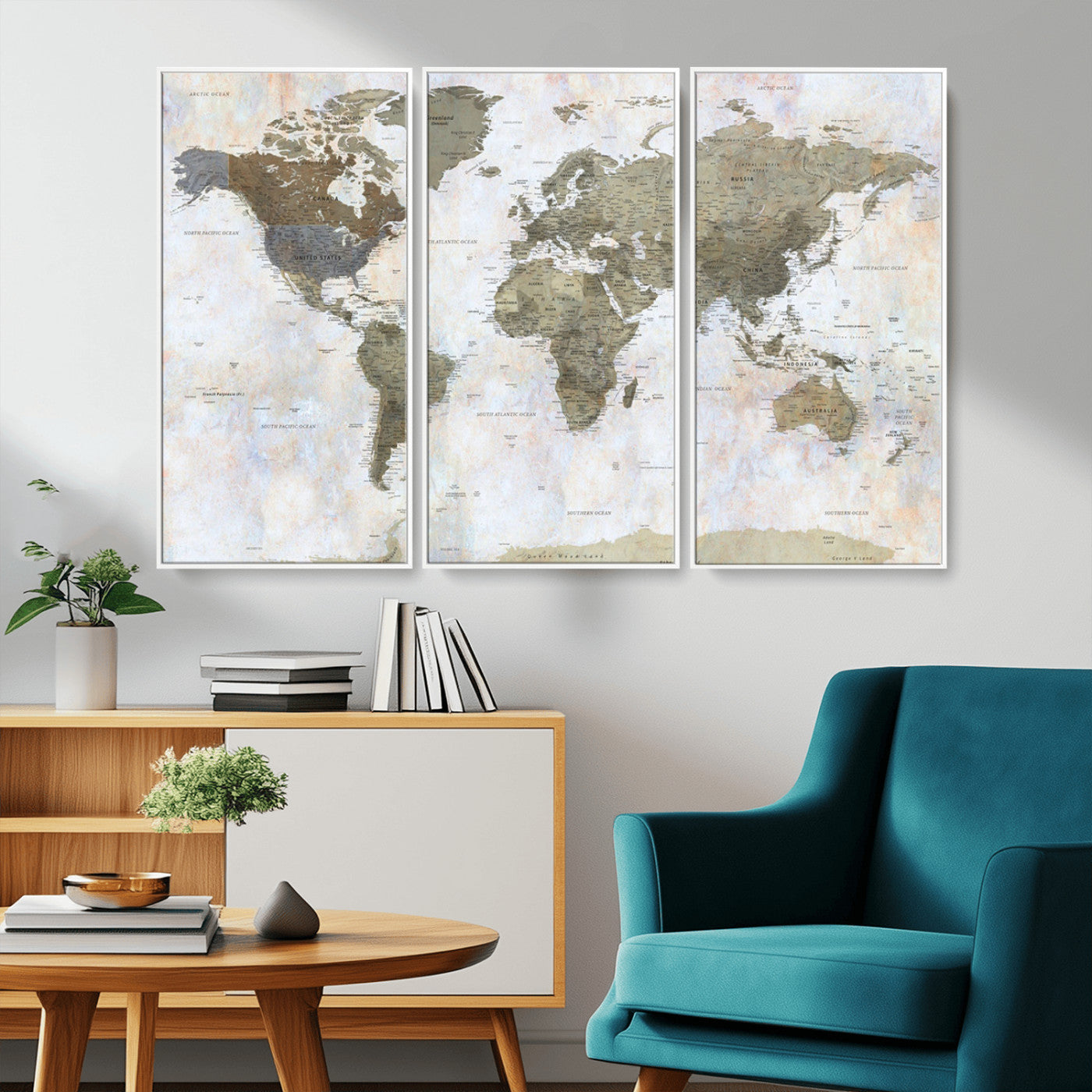 World map printed on a textured canvas with soft muted earth tones and a weathered background, showing detailed countries and continents, perfect for vintage-style wall art.