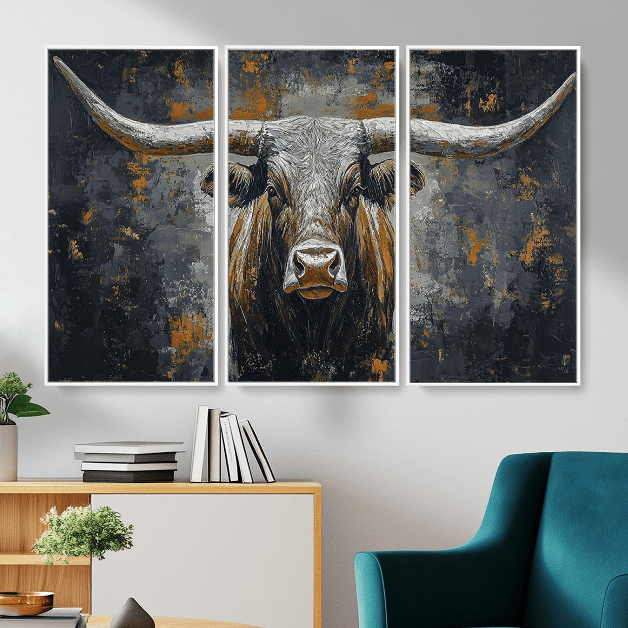 73972561-MGV-CV-36X24 - Bold Bull Wall Art Canvas – Striking Portrait with Wide Horns and Rich Brown Hues, Rustic Farmhouse and Western Decor for Home Room