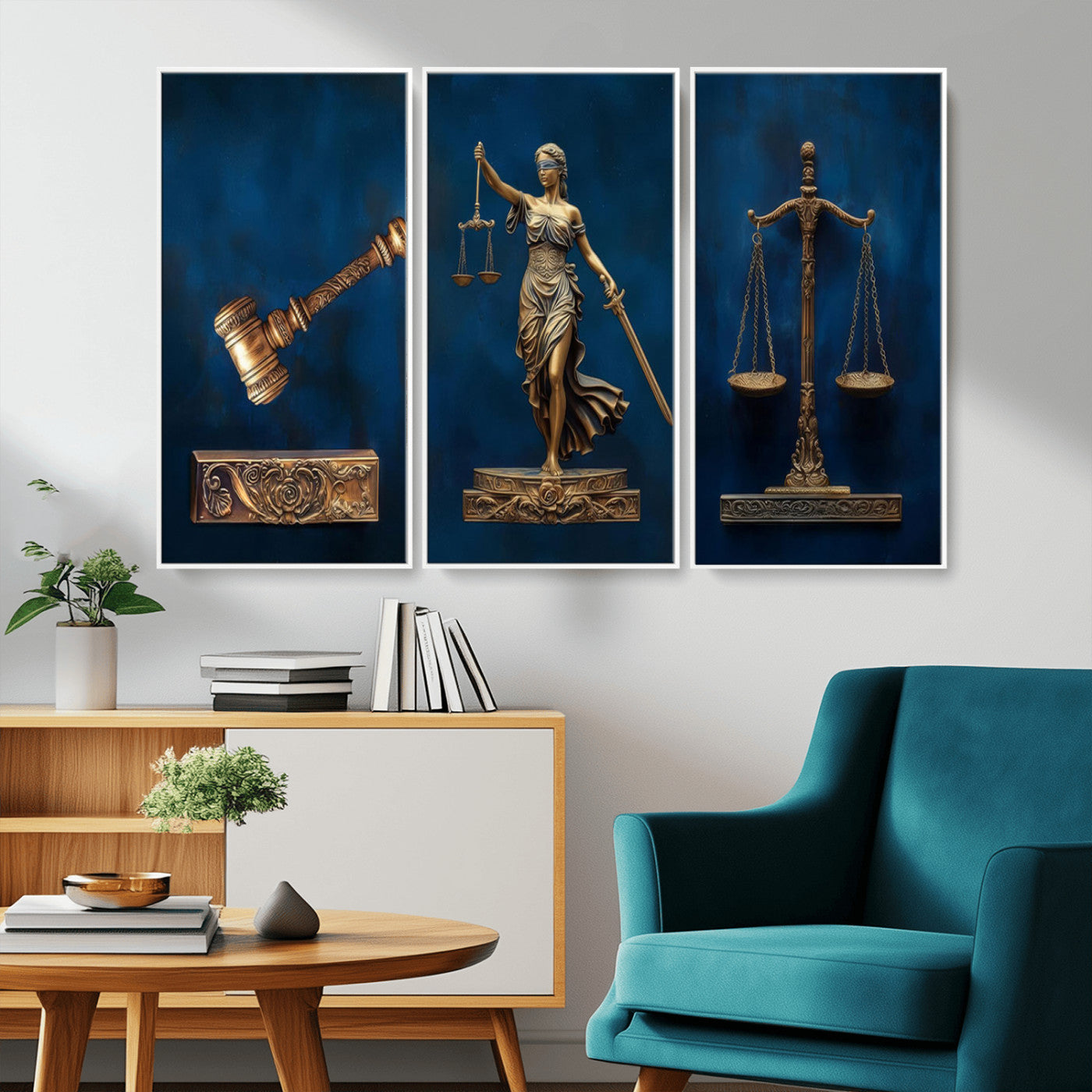 MGV-FC-48X32-3P - Lady Justice Wall Art Canvas Print – Elegant Gold Legal Symbols on Blue Background, Perfect for Law