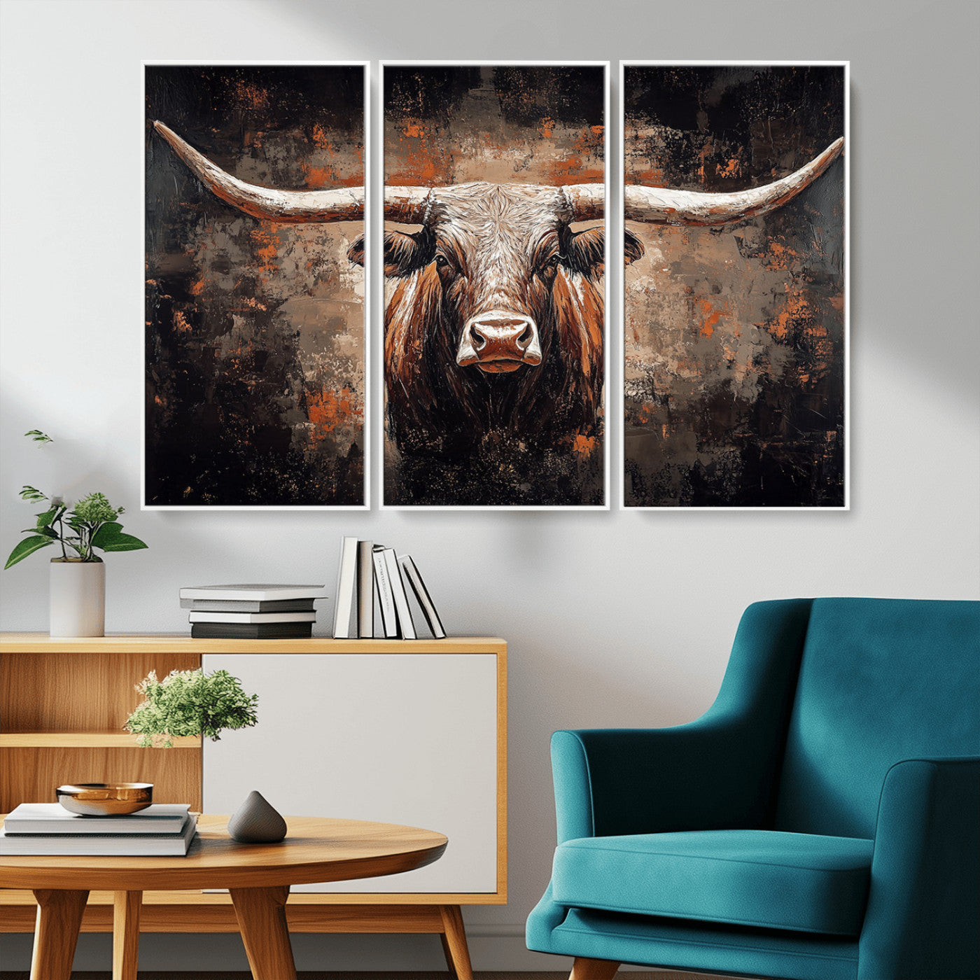Rustic Longhorn Bull Wall Art Canvas Print – Vintage Western Cattle Painting, Texas Steer Artwork for Ranch, Farmhouse or Cowboy Decor