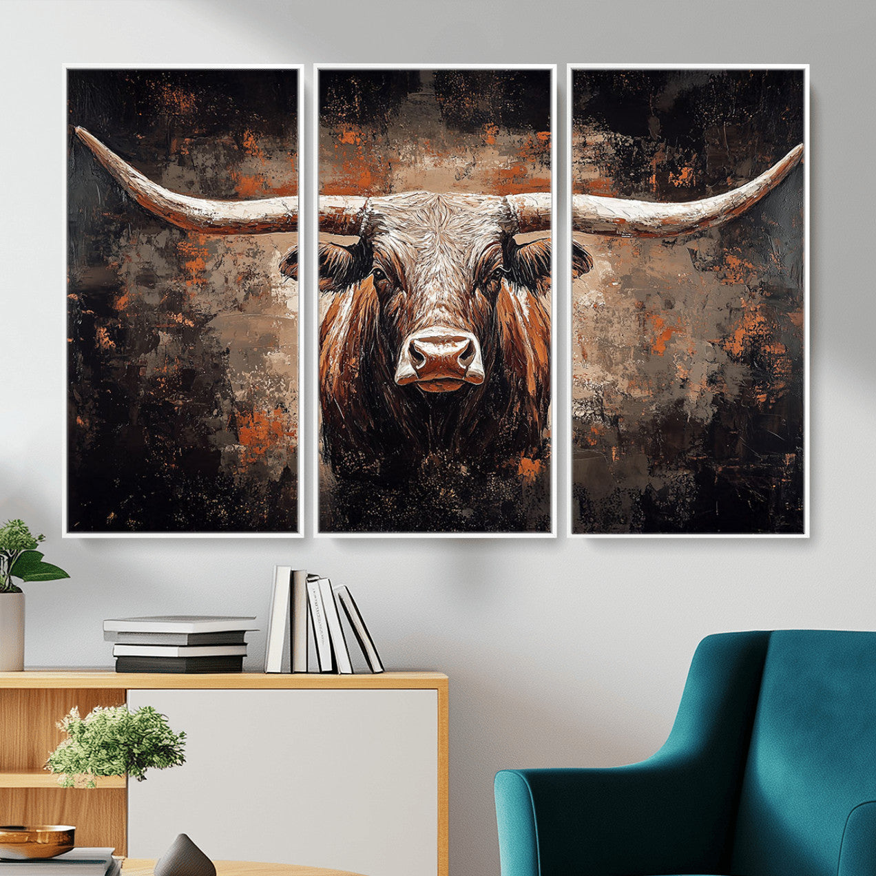 24779067-MGV-CV-36X24 - Rustic Longhorn Bull Wall Art Canvas Print – Vintage Western Cattle Painting, Texas Steer Artwork