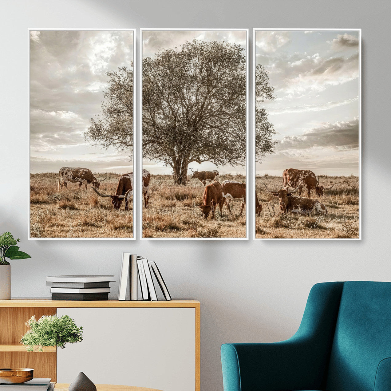 87590224-MGV-CV-36X24 - Texas Longhorn Cattle Wall Art Canvas Print – Rustic Western Ranch Scene with Steers at Sunset, Perfect for Farmhouse or Cowboy Decor