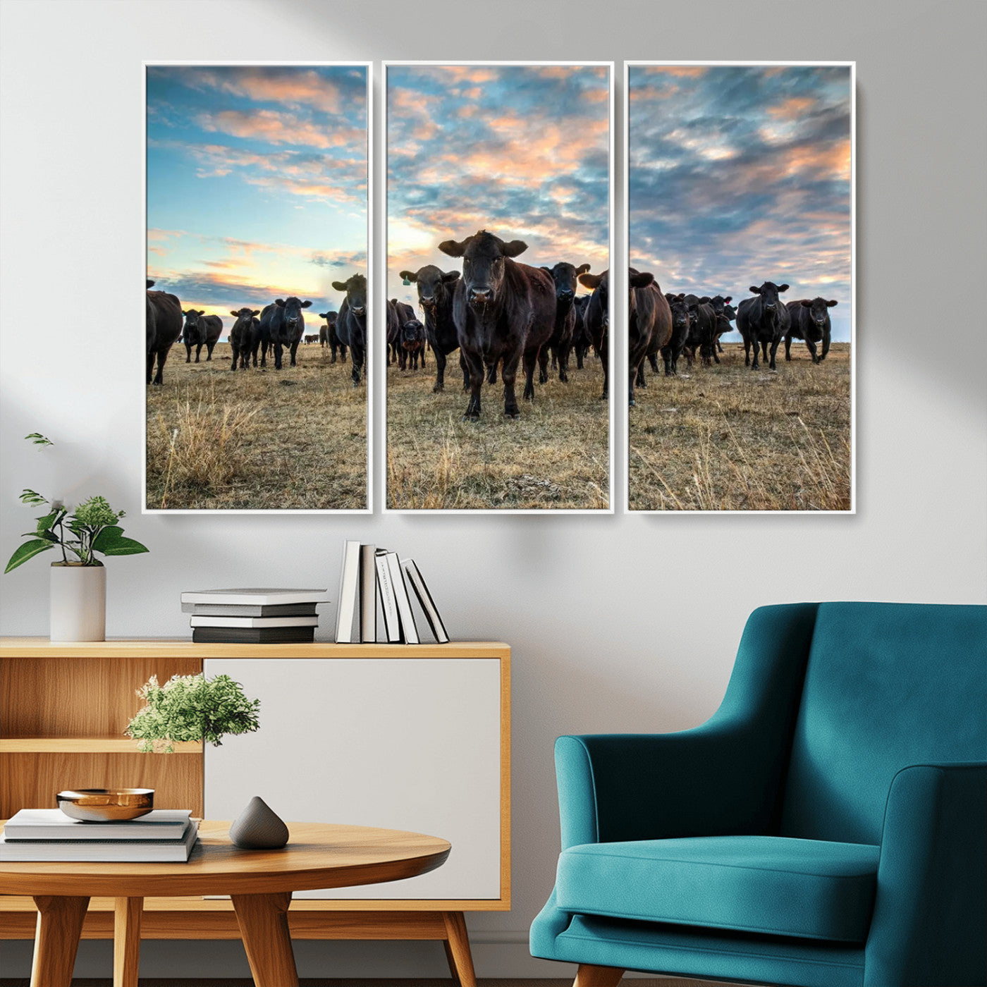 13867292-MGV-CV-36X24-Texas Longhorn Cattle Wall Art Canvas Print – Rustic Western Ranch Scene with Steers at Sunset, Perfect for Farmhouse or Cowboy Decor