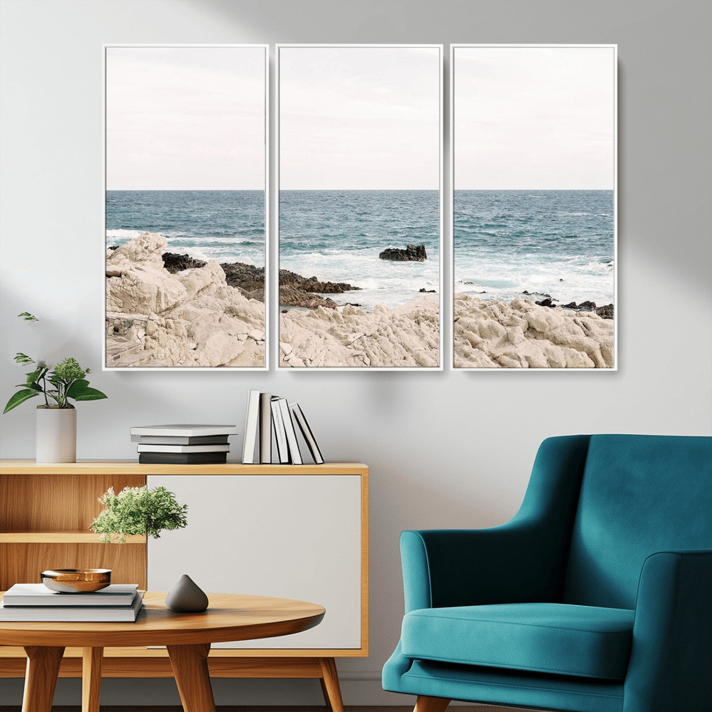 Coastal Ocean View Wall Art Canvas Print – Serene Rocky Shoreline and Blue Sea Photography for Coastal Chic or Minimalist Home Decor