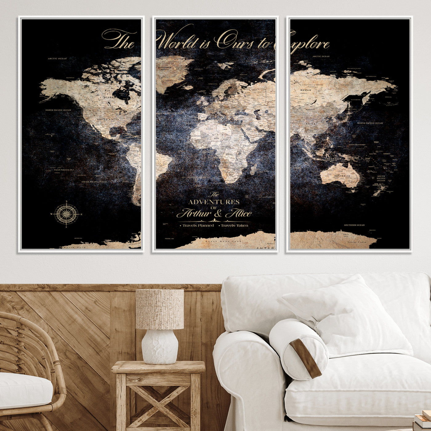 21010471-MGV-CV-36X24-Customize Push Pin World Map Wall Canvas Print, Personalized Travel Tracker with Pins, Framed Large Canvas for Home Office Decor - H37