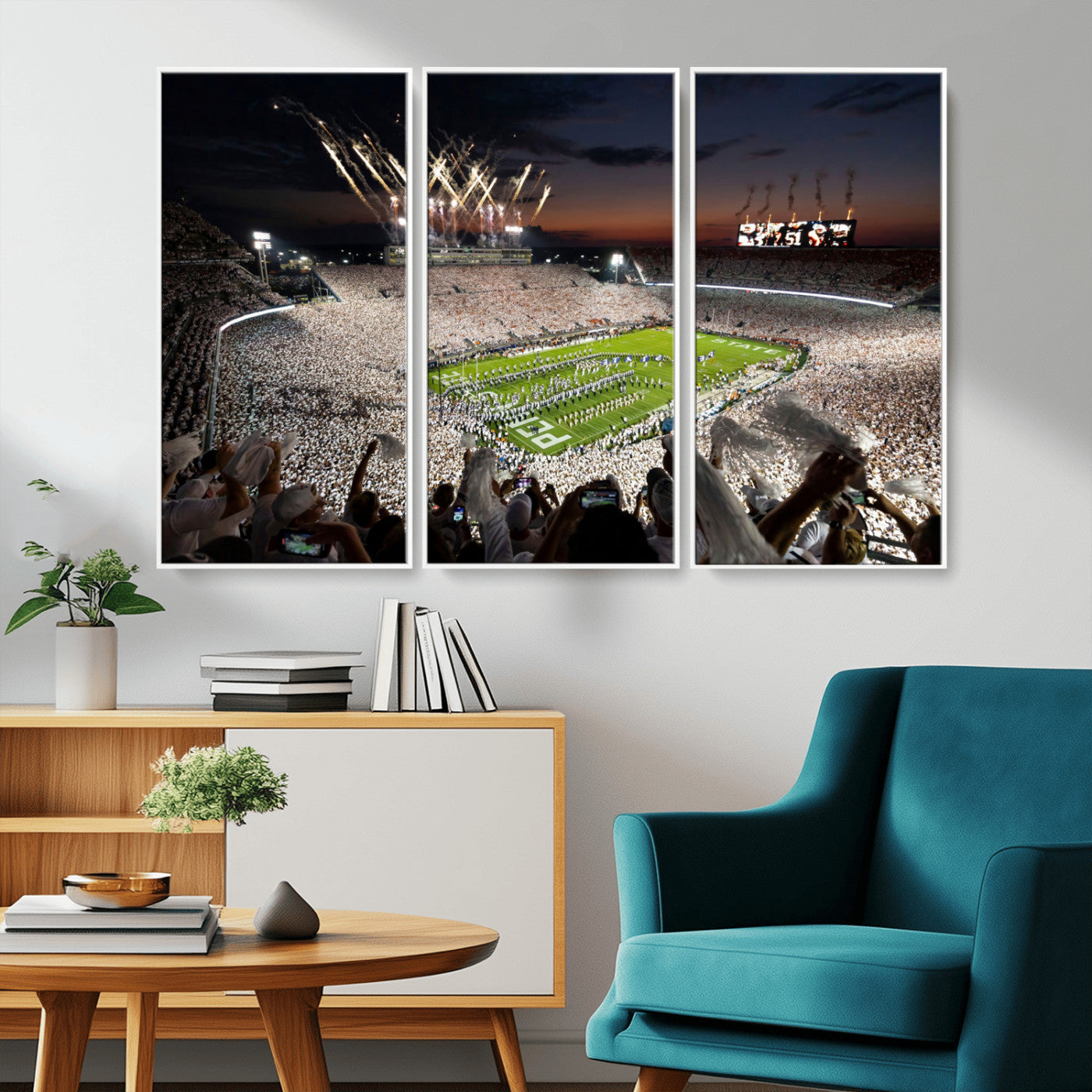 MGV-FC-48X32-3P - Penn State Stadium Wall Art Print, White Out Football Game Canvas Wall Art, Framed Sports Stadium,
