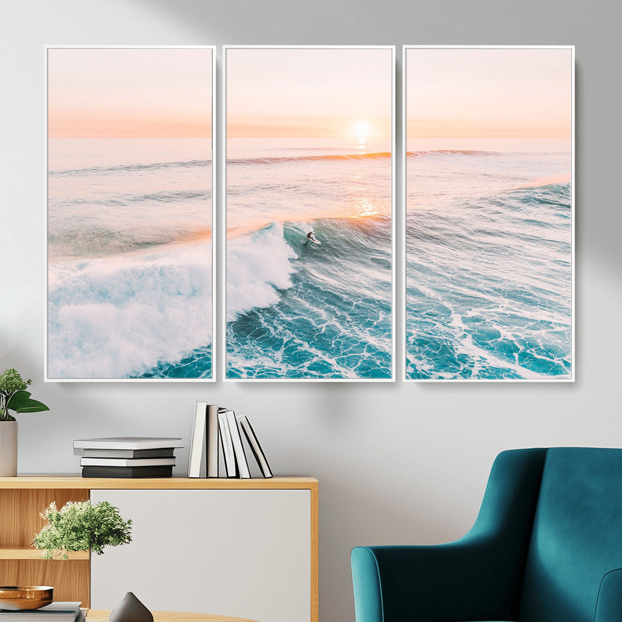 34064591-MGV-CV-36X24 - Sunset Surfing Wall Art Canvas Print, Ocean Wave Surfer with Golden Sky Artwork for Home, Office, Living Room