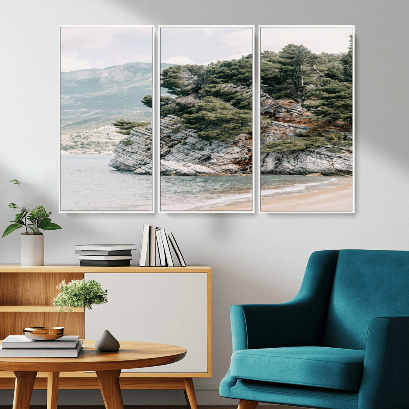 MGV-FC-48X32-3P - Coastal Rock Canvas Wall Art Print, Scenic Beach Landscape, Pine Trees on Rocky Cliff, Large Nature