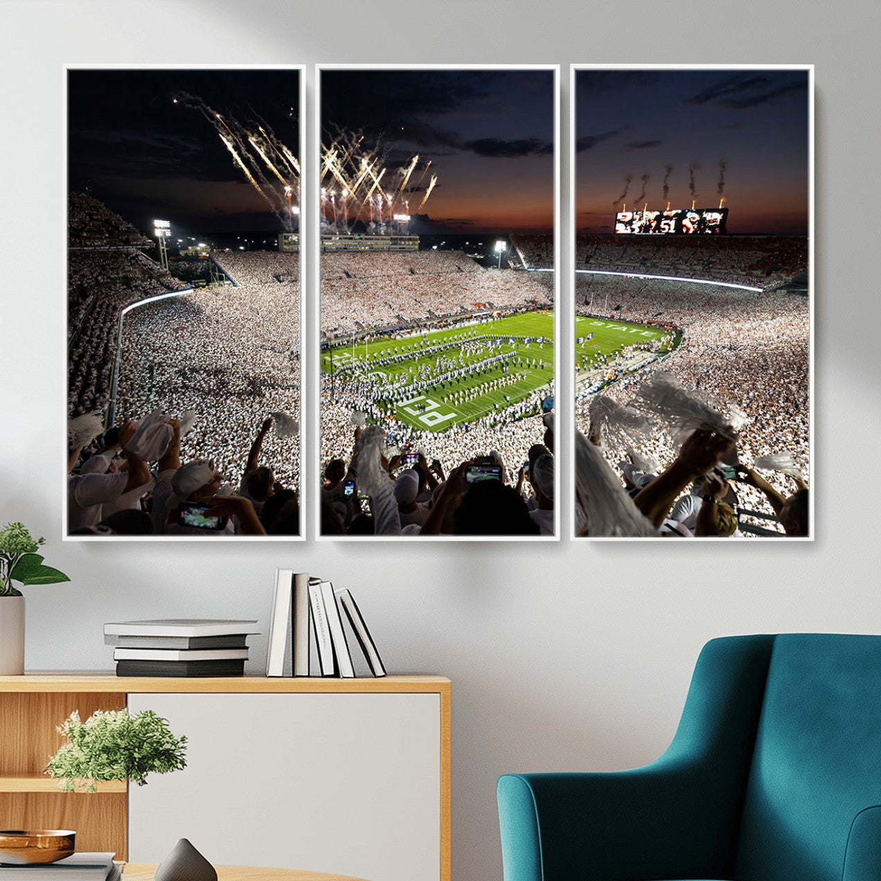 11221988-MGV-FC-48X32-3P - Epic Night Football Stadium Wall Art Canvas Print, Fireworks and Crowd Energy Game Day Excitement Decor for Home, Office