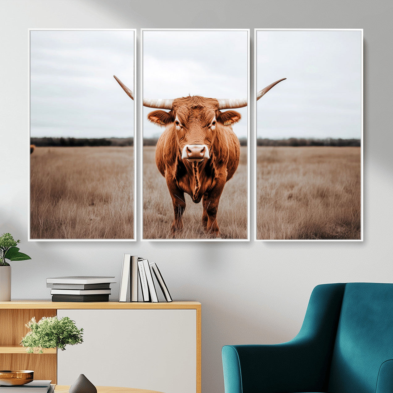 16316734-MGV-FC-48X32-3P - Longhorn bull, open field, rustic charm, natural beauty, Wall Art Canvas Print, countryside,