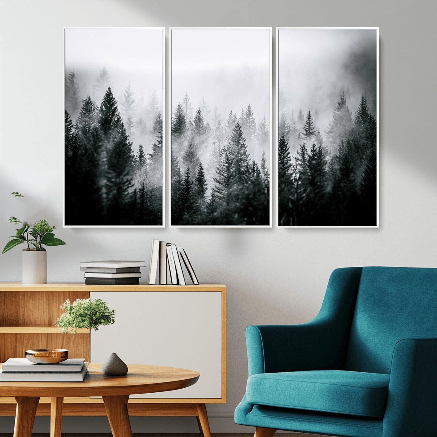 MGV-FC-48X32-3P - Foggy Pine Forest Canvas Wall Art – Black and White Nature Landscape Print, Horizontal Canvas for