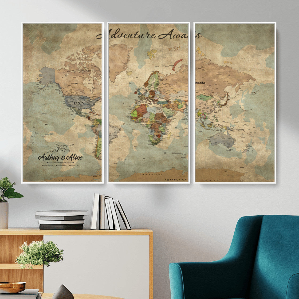 MGV-FC-48X32-3P - Personalized World Map Wall Art Canvas Print – Custom Push Pin Travel Map for Couples, Families, or Office Décor