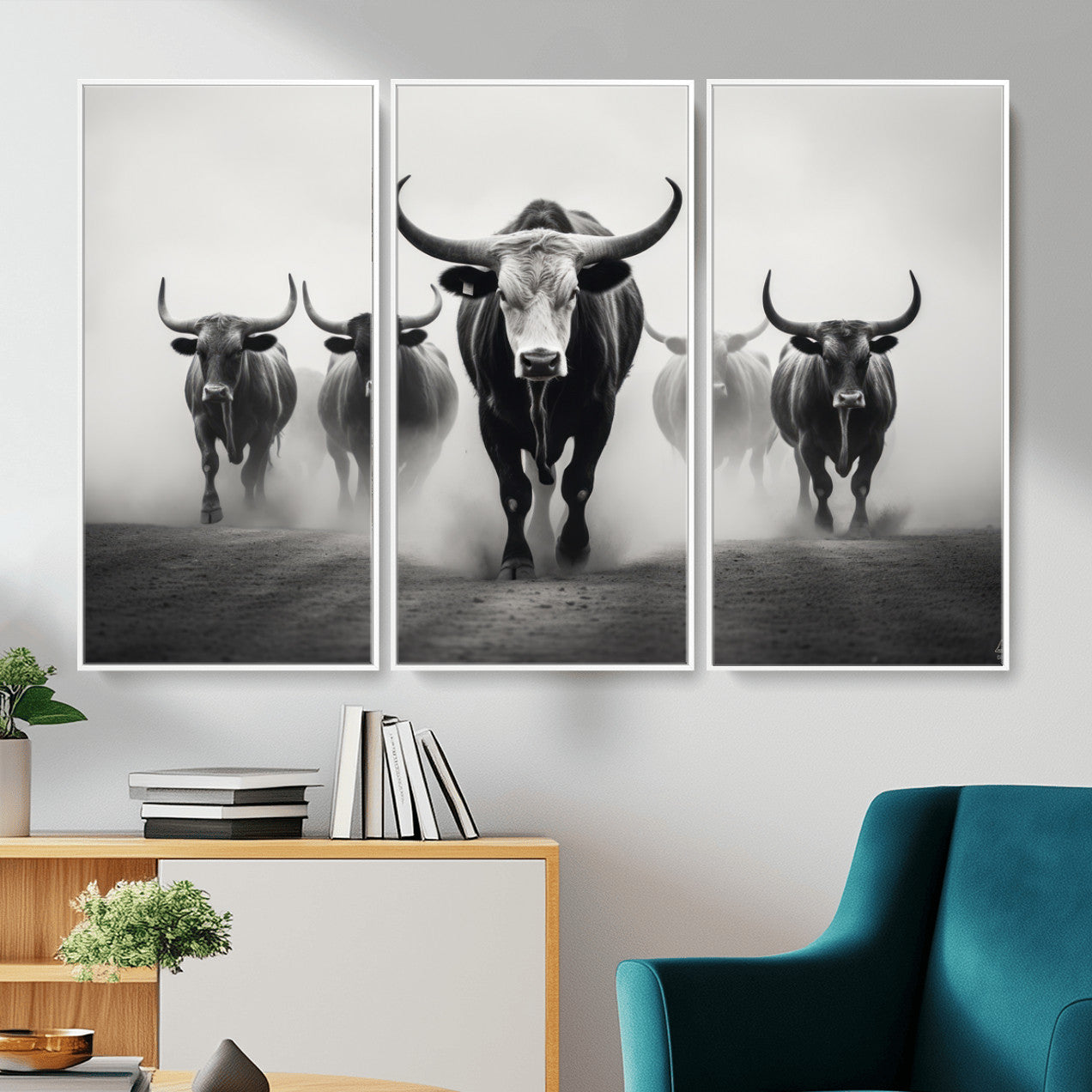 N34534C-MGV-FC-48X32-3P - Texas Bighorn Cow Hern Wall Art Canvas Print, Longhorn Cow Large Wall Art