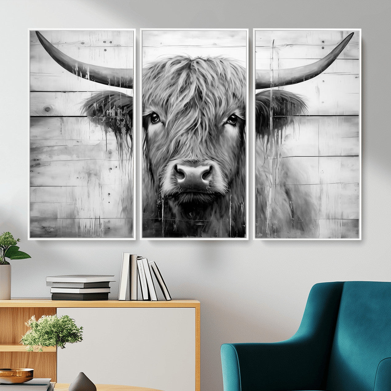1001HASAN27-MGV-FC-48X32-3P - Black White Highland Cow Wall Art Canvas Print