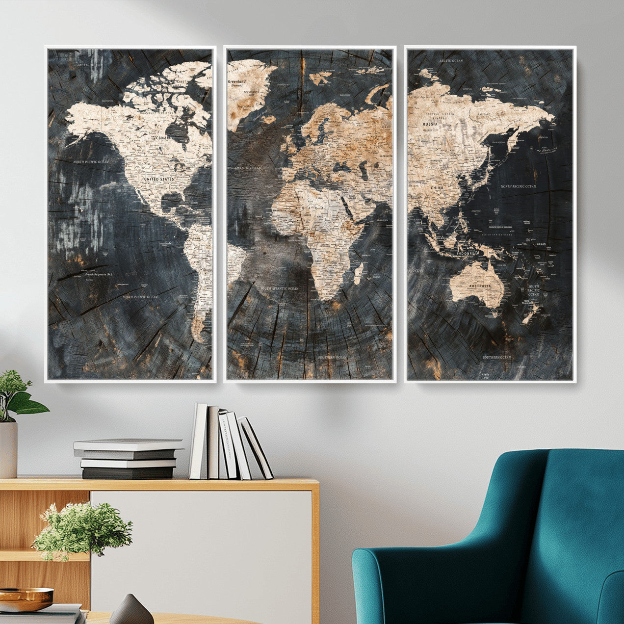 57626704-MGV-FC-48X32-3P - World Map Wall Art Canvas Print, Modern Decorative Framed Map Artwork Prints for Living Room, Office, Bedroom Wall Decor
