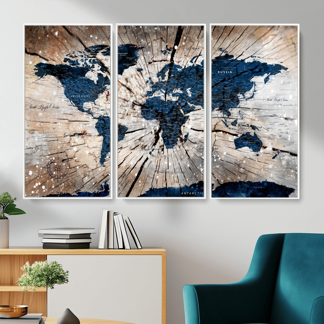99001695-MGV-FC-48X32-3P - World Map Wall Art Canvas Print, Modern Decorative Framed Map Artwork Prints for Living Room, Office, Bedroom Wall Decor
