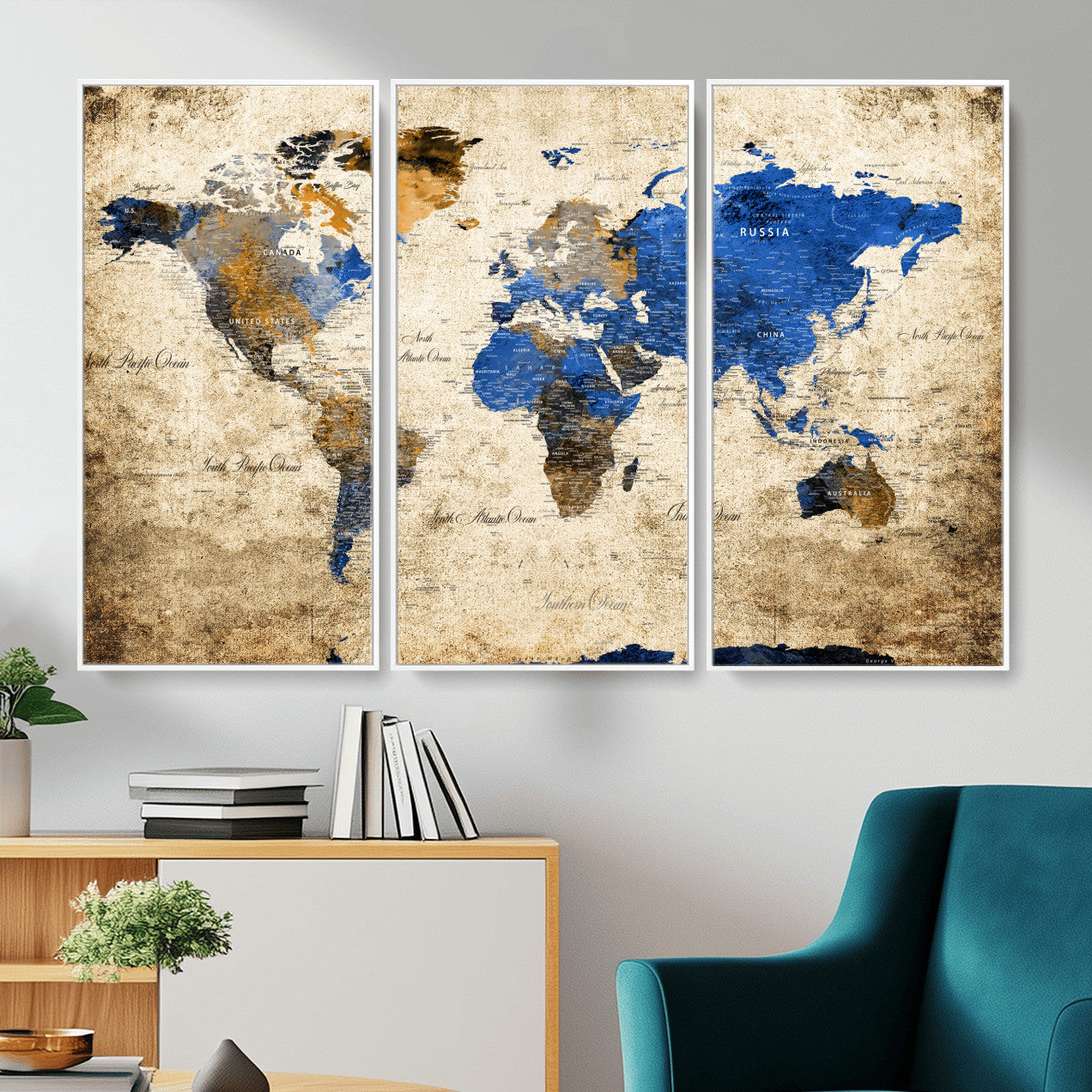 13564339-MGV-FC-48X32-3P - World Map Wall Art Canvas Print, Modern Decorative Framed Map Artwork Prints for Living Room, Office, Bedroom Wall Decor