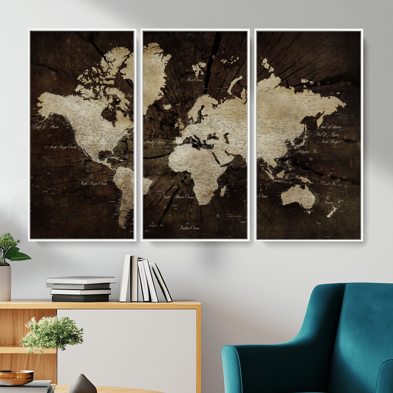 24010397-MGV-FC-48X32-3P - World Map Wall Art Canvas Print, Modern Decorative Framed Map Artwork Prints for Living Room, Office, Bedroom Wall Decor