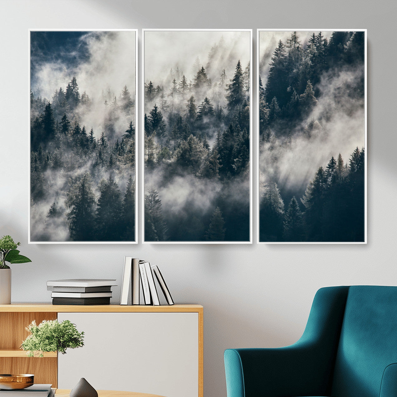 270372951-MGV-FC-48X32-3P - Misty Pine Forest Canvas Wall Art – Dark Forest Mountaing and Nature Landscape Print, Horizontal Canvas Print