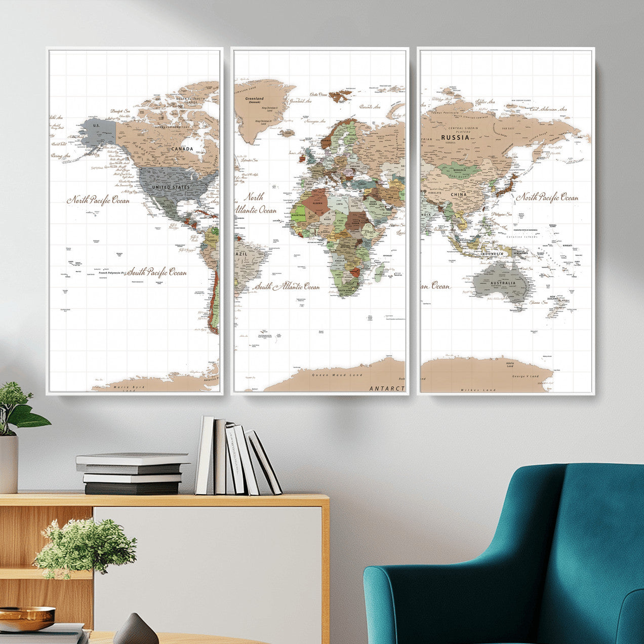 91286788-MGV-CV-36X24 - World Map Wall Art Canvas Print, Modern Decorative Framed Map Artwork Prints for Living Room, Office, Bedroom Wall Decor