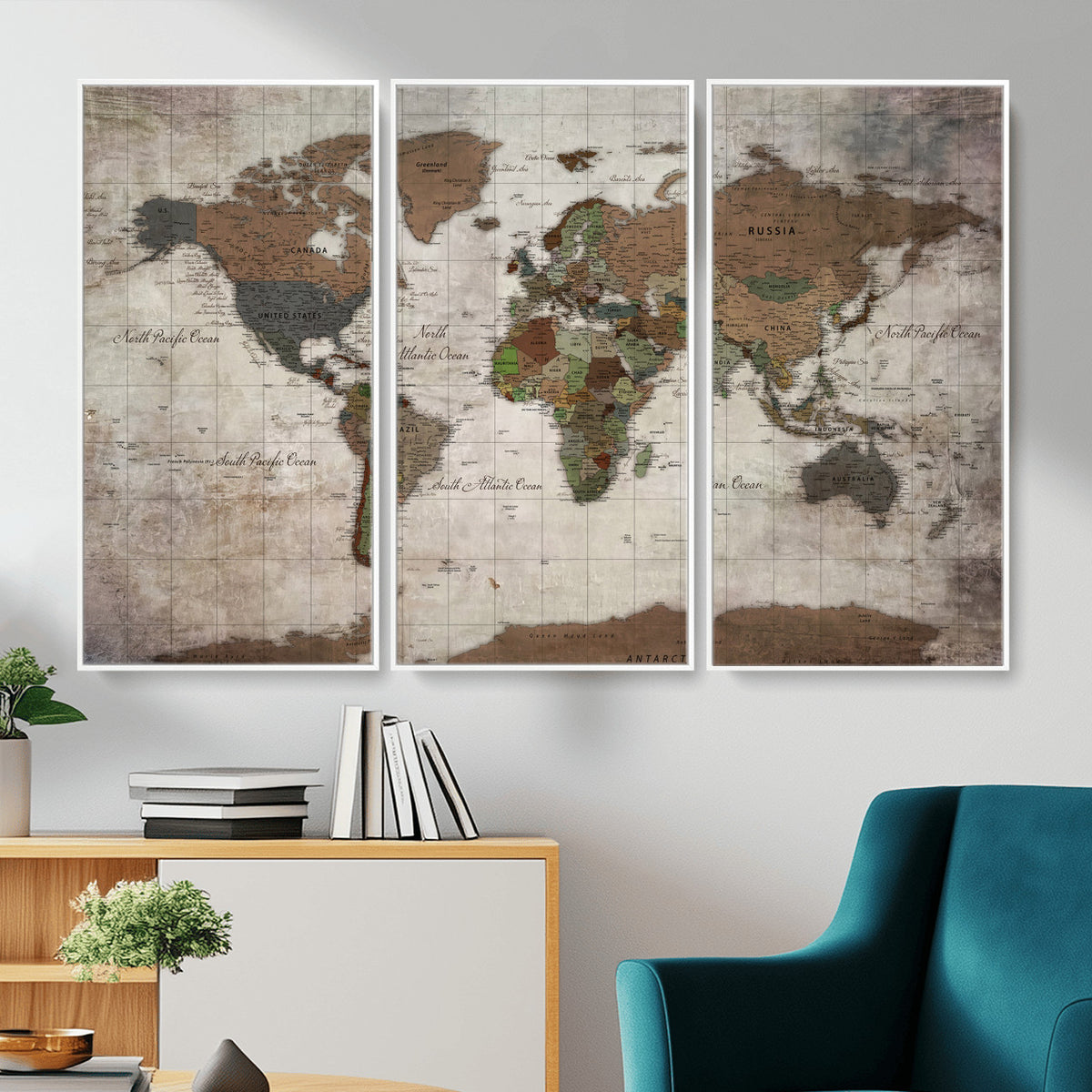 65393892-MGV-CV-36X24 - World Map Wall Art Canvas Print, Modern Decorative Framed Map Artwork Prints for Living Room, Office, Bedroom Wall Decor