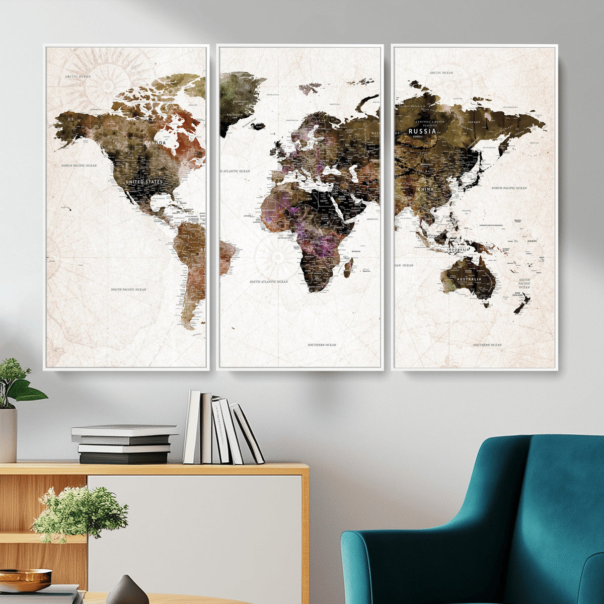 77651968-MGV-CV-36X24 - Watercolor World Map Print - Large Wall Art Canvas Print for