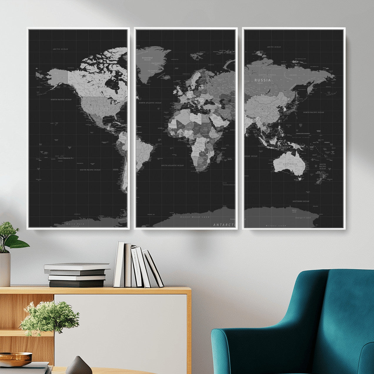 46160121-MGV-CV-36X24 - World Map Wall Art Canvas Print, Modern Decorative Framed Map Artwork Prints for Living Room, Office, Bedroom Wall Decor