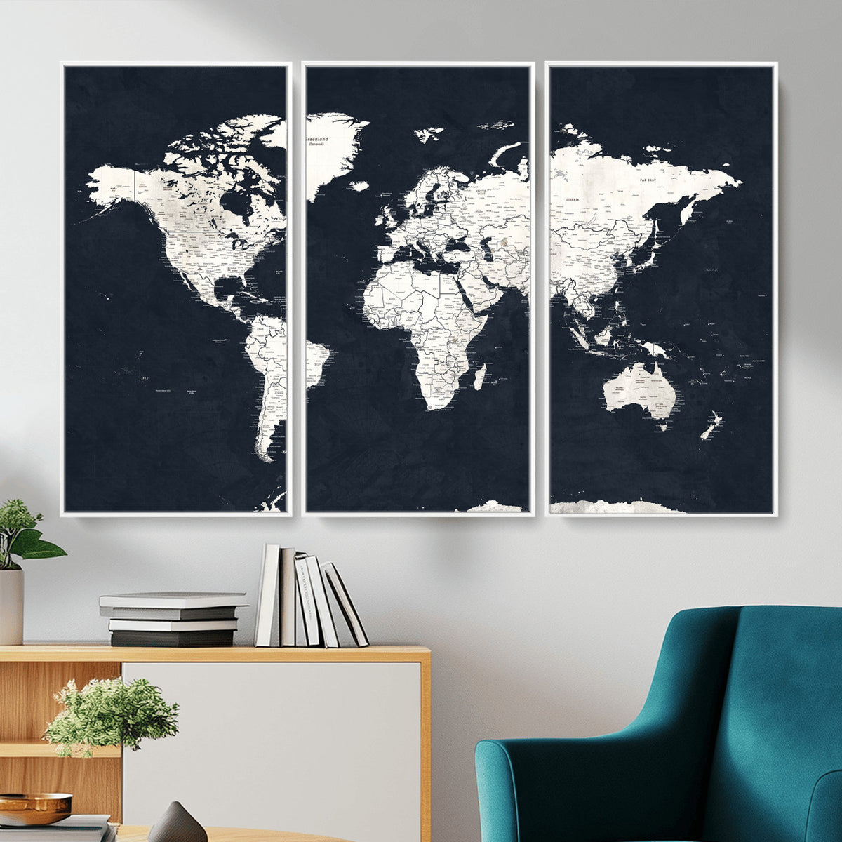 11963807-MGV-CV-36X24 - Black World Map Wall Art Canvas Print for Home Office and Meeting Room Decor