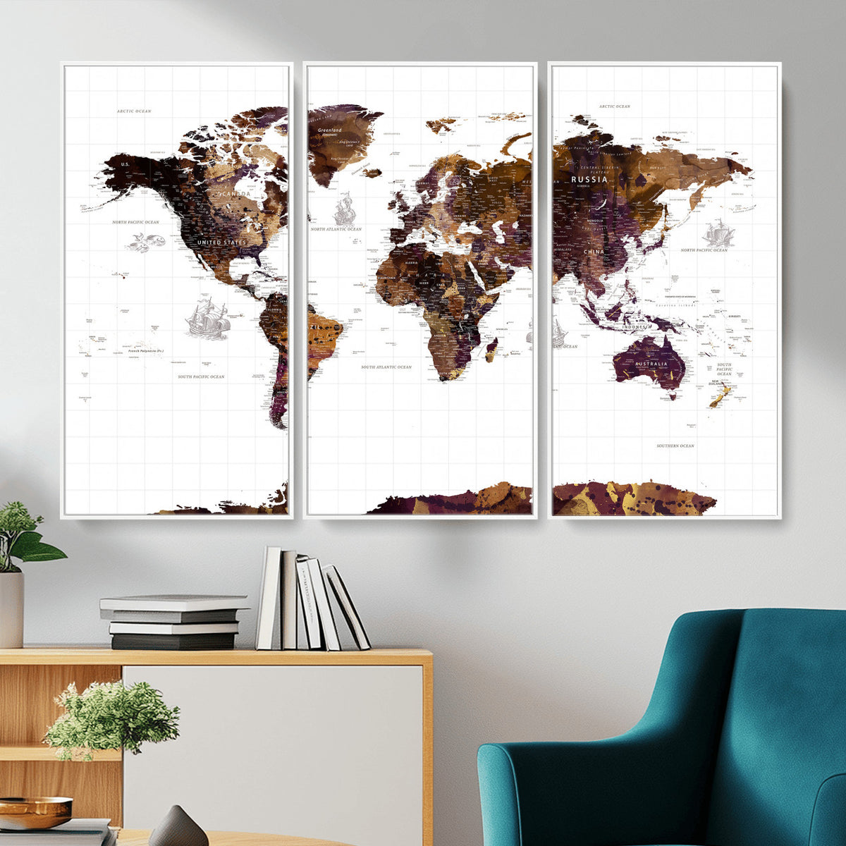 34792695-MGV-CV-36X24 - Rustic World Map Wall Art Canvas Print | Large Vintage Blue World Map on Wood Grain Style Background